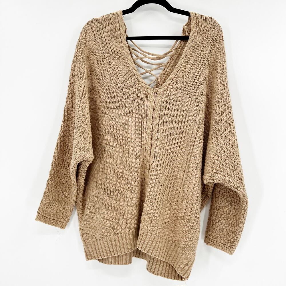 Fashion Nova Women's Tan Oversized V Neck Cable Knit Sweater Size M
